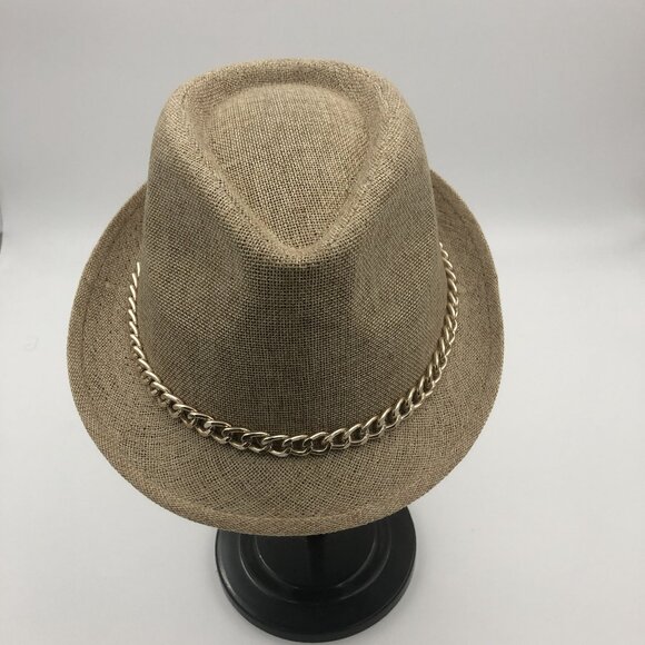 Amici Accessories Straw Fedora Hat – Chain Band – Tan – One Size